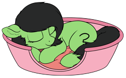 Size: 2580x1587 | Tagged: safe, artist:smoldix, oc, oc only, oc:anon filly, basket, bed, crib, ear fluff, female, filly, pony in a basket, prone, simple background, sleeping, smiling, solo, transparent background