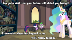 Size: 960x540 | Tagged: safe, edit, edited screencap, screencap, princess celestia, spike, twilight sparkle, alicorn, dragon, pony, it's about time, caption, catsuit, eyepatch, future twilight, image macro, library, messy mane, misspelling