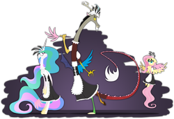 Size: 3065x2113 | Tagged: safe, artist:grievousfan, discord, fluttershy, princess celestia, alicorn, pegasus, pony, clothes, duster, maid