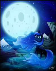 Size: 900x1135 | Tagged: safe, artist:bonaxor, princess luna, alicorn, pony, cliff, looking at you, moon, mountain, night, smiling, snow, snowfall, solo