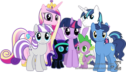 Size: 1600x918 | Tagged: safe, artist:90sigma, night light, princess cadance, shining armor, spike, twilight sparkle, twilight sparkle (alicorn), twilight velvet, oc, oc:nyx, alicorn, dragon, pony, unicorn, family, family photo, female, group shot, mare, simple background, spike's family, transparent background