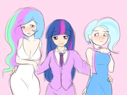 Size: 800x600 | Tagged: artist needed, source needed, safe, princess celestia, trixie, twilight sparkle, human, blushing, breasts, cleavage, female, humanized, lesbian, light skin, ot3, polyamory, princess breastia, shipping, twilestia, twixie, twixlestia