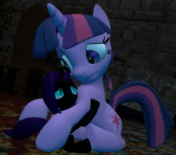 Size: 781x690 | Tagged: safe, artist:dbuilder, twilight sparkle, oc, oc:nyx, 3d, filly, gmod, hug, night