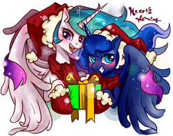 Size: 1400x1100 | Tagged: safe, artist:renokim, princess celestia, princess luna, alicorn, pony, christmas, clothes, cute, cutelestia, hat, lunabetes, present, santa hat, scarf