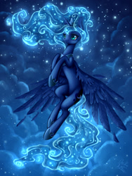 Size: 1200x1600 | Tagged: safe, artist:asimos, princess luna, alicorn, pony, ethereal mane, flying, glowing mane, night, solo