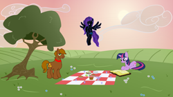 Size: 1280x720 | Tagged: safe, artist:askbenmare, twilight sparkle, oc, oc:ben mare, oc:nyx, ben mare, book, picnic, reading, the legend of zelda