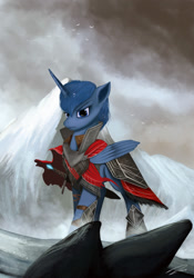 Size: 1400x2000 | Tagged: safe, artist:deltalinwie, princess luna, alicorn, pony, armor, badass, mountain, solo, sword, warrior luna, weapon