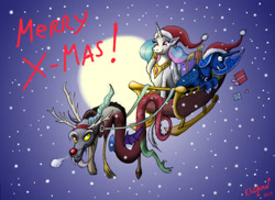 Size: 3507x2550 | Tagged: safe, artist:kh0nan, discord, princess celestia, princess luna, alicorn, pony, christmas, hat, rudolph, rudolph the red nosed reindeer, santa hat, sleigh