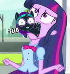 Size: 716x758 | Tagged: safe, artist:facelessjr, edit, edited screencap, screencap, twilight sparkle, oc, oc:nyx, alicorn, pony, equestria girls, equestria girls (movie), alicorn oc, caption, cropped, exploitable meme, female, filly, meme, twiscream