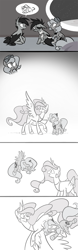 Size: 700x2240 | Tagged: safe, artist:egophiliac, princess celestia, princess luna, oc, oc:frolicsome meadowlark, oc:sunshine smiles (egophiliac), bat pony, pony, bandage, cartographer's nursing cap, comic, eyepatch, filly, flashback, flying, grayscale, hat, monochrome, moonstuck, woona