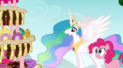 Size: 1050x590 | Tagged: safe, screencap, pinkie pie, princess celestia, alicorn, earth pony, pony, mmmystery on the friendship express, female, horn, mare