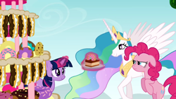 Size: 1050x590 | Tagged: safe, screencap, pinkie pie, princess celestia, twilight sparkle, alicorn, earth pony, pony, mmmystery on the friendship express, cake