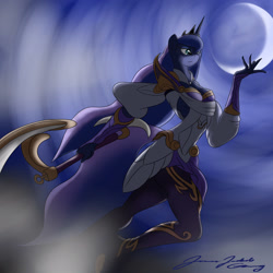 Size: 3000x3000 | Tagged: safe, artist:jamesjackobgermany, princess luna, anthro, breasts, diana, female, flying, fog, jumping, league of legends, moon, night, sideboob, sky, smiling, solo, weapon, wind