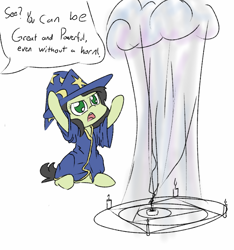 Size: 720x768 | Tagged: safe, artist:happy harvey, oc, oc only, oc:anon, oc:anon filly, clothes, dialogue, drawn on phone, female, filly, hat, implied trixie, magic, offscreen character, solo, speech bubble, this will end in tears and/or death and/or covered in tree sap, wizard hat