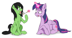 Size: 1190x634 | Tagged: artist needed, safe, twilight sparkle, twilight sparkle (alicorn), oc, oc:anon filly, alicorn, earth pony, pony, duo, female, filly, magic, mare, open mouth, prone, telekinesis, toothbrush, toothpaste