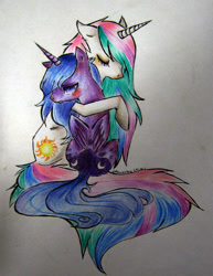 Size: 700x905 | Tagged: safe, artist:agailenacholochai, princess celestia, princess luna, alicorn, pony, hug, traditional art