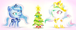 Size: 900x364 | Tagged: safe, artist:flutterluv, princess celestia, princess luna, alicorn, pony, chibi, christmas, christmas tree, duo, magic, royal sisters, smiling, traditional art, tree