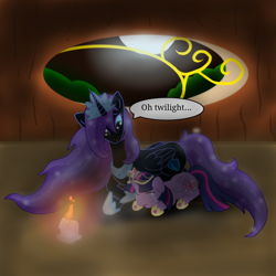 Size: 1500x1500 | Tagged: safe, artist:sky-sketch, twilight sparkle, twilight sparkle (alicorn), oc, oc:nyx, alicorn, pony, big crown thingy, candle, comforting, comforting twilight, crying, female, immortality blues, library, lonely, mare, night, older