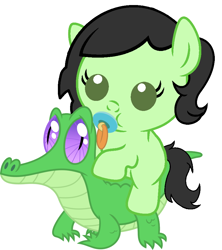 Size: 836x942 | Tagged: safe, artist:red4567, gummy, oc, oc:anon, oc:anon filly, earth pony, pony, baby, baby pony, cute, female, ocbetes, pacifier, ponies riding gators, riding