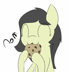 Size: 611x641 | Tagged: safe, artist:happy harvey, oc, oc only, oc:anon filly, earth pony, pony, :3, cookie, drawn on phone, eating, female, filly, food, nom, simple background, solo, white background