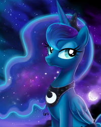 Size: 1550x1950 | Tagged: dead source, safe, artist:feli, princess luna, alicorn, pony, bedroom eyes, cute, looking at you, lunabetes, moon, night, pixiv, sitting, sky, smiling, solo, stars