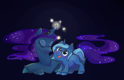 Size: 1867x1200 | Tagged: safe, artist:foxda, princess luna, alicorn, pony, unicorn, dark background, eyes closed, filly, freckles, galaxy mane, glowing horn, magic, prone, self ponidox, smiling, solo, stars, tangible heavenly object, unshorn fetlocks, woona, younger