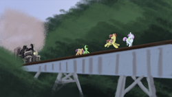 Size: 960x540 | Tagged: artist needed, source needed, safe, apple bloom, scootaloo, sweetie belle, oc, oc:anon filly, earth pony, pegasus, pony, unicorn, bridge, cutie mark crusaders, female, filly, stand by me (film), this will end in tears and/or death and/or covered in tree sap, train