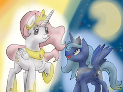 Size: 1024x768 | Tagged: safe, artist:mirriora, princess celestia, princess luna, alicorn, pony, crown, female, horn, mare, siblings, sisters