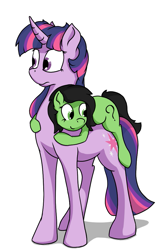 Size: 629x991 | Tagged: safe, artist:crownhound, twilight sparkle, oc, oc:anon filly, earth pony, pony, unicorn, curved horn, duo, female, filly, mare, ponies riding ponies, riding, simple background, smiling, white background