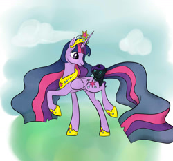 Size: 1512x1412 | Tagged: safe, artist:roboticvocaloid, twilight sparkle, twilight sparkle (alicorn), oc, oc:nyx, alicorn, pony, fanfic:past sins, big crown thingy, crown, duo, element of magic, ethereal mane, female, foal, hoof shoes, jewelry, mare, mother and child, mother and daughter, parent and child, peytral, regalia, ultimate twilight