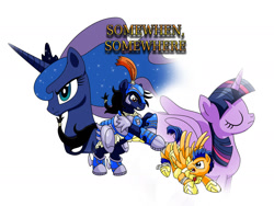 Size: 2000x1500 | Tagged: safe, artist:infinityvoid, flash sentry, princess luna, twilight sparkle, twilight sparkle (alicorn), oc, oc:grinder, oc:noble mills, alicorn, pony, armor, fanfic, female, fight, mare