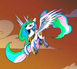 Size: 2000x1791 | Tagged: safe, artist:meatmcfist, princess celestia, alicorn, pony, female, flying, horn, mare, multicolored mane, solo, white coat