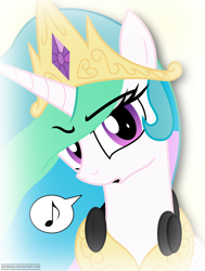 Size: 3018x4000 | Tagged: safe, artist:iflysna94, princess celestia, alicorn, pony, headphones, music notes, portrait, solo, speech bubble