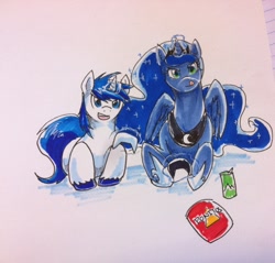 Size: 944x901 | Tagged: safe, artist:slifertheskydragon, princess luna, shining armor, alicorn, pony, unicorn, chips, controller, doritos, friendshipping, gamer luna, magic, tongue out, traditional art