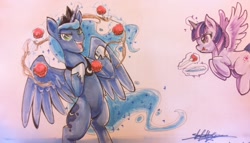 Size: 1104x631 | Tagged: safe, artist:slifertheskydragon, princess luna, twilight sparkle, twilight sparkle (alicorn), alicorn, pony, bipedal, eating, female, magic, mare, meatballs, spaghetti, telekinesis, traditional art