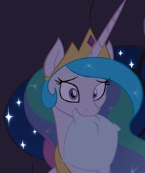 Size: 3216x3824 | Tagged: safe, artist:joey darkmeat, princess celestia, alicorn, pony, cropped, crown, cute, cutelestia, dark, female, looking at you, mare, mouth hold, pillow, solo, sparkles