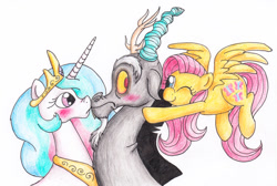 Size: 800x539 | Tagged: safe, artist:xstooiex, discord, fluttershy, princess celestia, alicorn, pegasus, pony, dislestia, female, male, now kiss, shipper, shipper on deck, shipping, straight