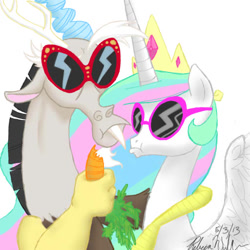 Size: 512x512 | Tagged: safe, artist:babel-the-butt, discord, princess celestia, alicorn, pony, carrot, sunglasses, traditional art