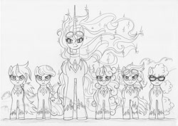 Size: 1200x849 | Tagged: safe, artist:leovictor, apple bloom, dinky hooves, scootaloo, sweetie belle, twist, oc, oc:nyx, bodysuit, cutie mark crusaders, frown, glare, looking at you, monochrome, raised hoof, serious, smiling, smirk