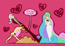 Size: 2500x1800 | Tagged: safe, artist:quinepeather, discord, fluttershy, princess celestia, human, cake, cakelestia, clothes, dislestia, eyes closed, female, frown, heart, humanized, light skin, male, pushing, scared, shipper, shipper on deck, shipping, shorts, smiling, straight, wide eyes