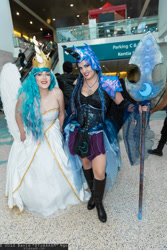 Size: 1365x2048 | Tagged: artist needed, safe, artist:dreambringr, nightmare moon, princess celestia, human, comikaze expo, comikaze expo 2013, convention, cosplay, irl, irl human, photo, weapon