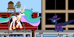 Size: 1396x695 | Tagged: safe, artist:roger334, mare do well, princess celestia, alicorn, pony, doctor octopus, money, parody, scene parody, spider-man, train