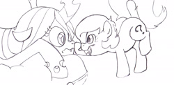 Size: 2103x1033 | Tagged: safe, artist:traditional drawfag lvl 1, queen chrysalis, oc, oc:anon filly, changeling, changeling queen, earth pony, pony, 4chan, boop, eye contact, female, filly, looking at each other, monochrome