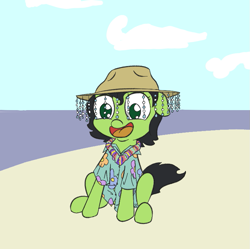 Size: 765x762 | Tagged: safe, artist:happy harvey, oc, oc only, oc:anon, oc:anon filly, pony, beach, clothes, cloud, colored, drawn on phone, female, filly, floppy ears, happy, hat, hawaiian shirt, lei, ocean, open mouth, sand, shirt, sitting, solo