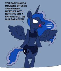Size: 1321x1533 | Tagged: safe, artist:hunterxcolleen, princess luna, alicorn, pony, angry, bikini, bipedal, clothes, cold, glowing eyes, snow, solo, swimsuit, traditional royal canterlot voice, winter