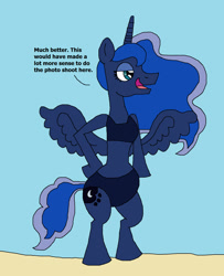 Size: 1309x1613 | Tagged: safe, artist:hunterxcolleen, princess luna, alicorn, pony, beach, bikini, bipedal, clothes, solo, summer, swimsuit, talking