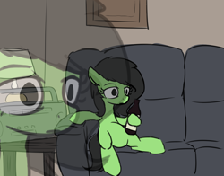 Size: 2000x1566 | Tagged: safe, oc, oc only, oc:anon filly, pony, 4chan, alcohol, female, filly, meme, ponified, redlettermedia, sitting, sofa