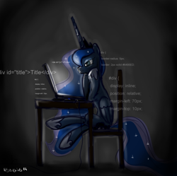 Size: 1612x1607 | Tagged: safe, artist:nadvgia, princess luna, alicorn, pony, chair, codes, coding, computer, css, dark room, horn, html, laptop computer, mane, sitting, sleepy, solo, table, tail, wings