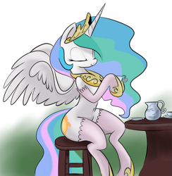 Size: 2493x2554 | Tagged: safe, artist:zev, princess celestia, alicorn, pony, belly button, solo, stockings, tea, teacup