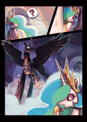 Size: 400x560 | Tagged: safe, artist:scarletdesires, nightmare moon, princess celestia, alicorn, pony, comic, gasp, glowing eyes, open mouth, question mark, spread wings, transformation, wide eyes